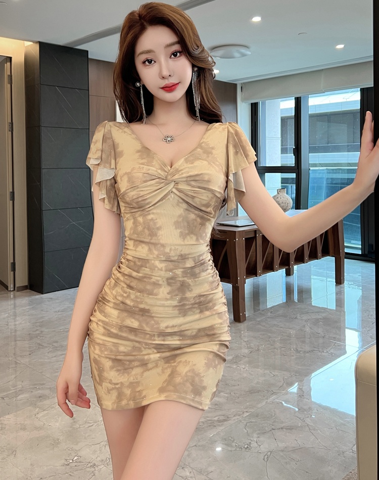 Sexy printing low-cut overalls gauze dress for women