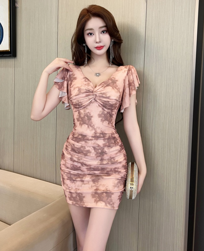 Sexy printing low-cut overalls gauze dress for women