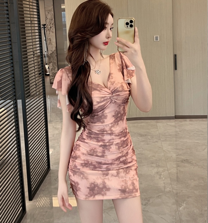 Sexy printing low-cut overalls gauze dress for women