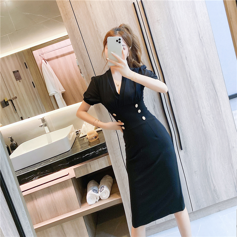 Chiffon double-breasted package hip splice dress