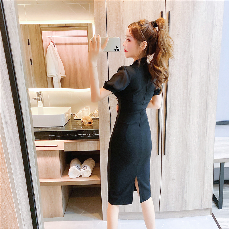 Chiffon double-breasted package hip splice dress