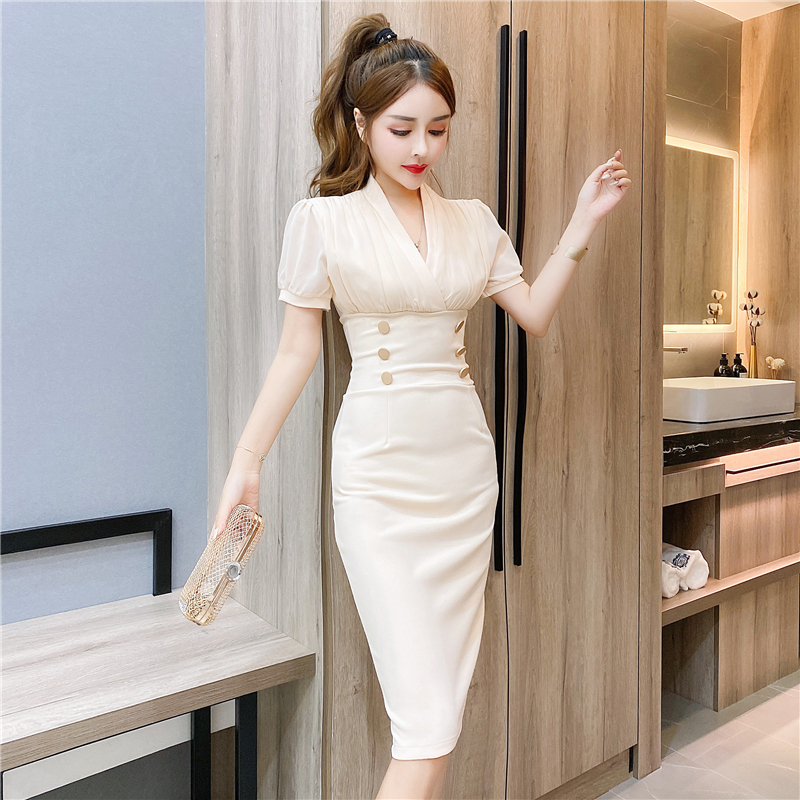 Chiffon double-breasted package hip splice dress
