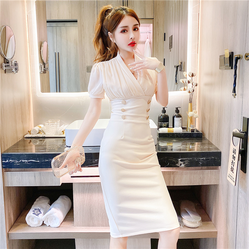Chiffon double-breasted package hip splice dress