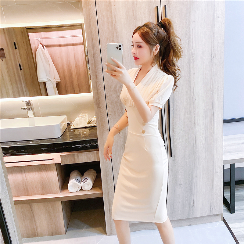 Chiffon double-breasted package hip splice dress