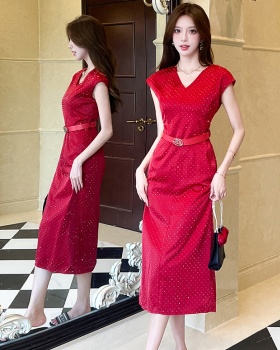 Rhinestone tight fashion long dress V-neck slim dress