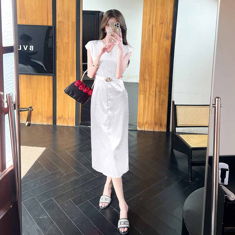 Rhinestone tight fashion long dress V-neck slim dress