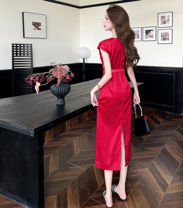 Rhinestone tight fashion long dress V-neck slim dress