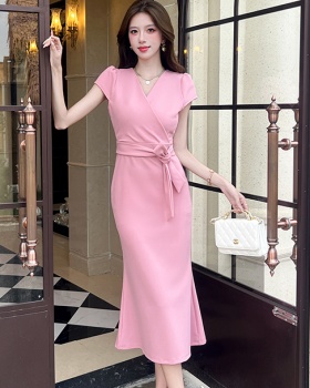 Fashion pinched waist long dress V-neck dress