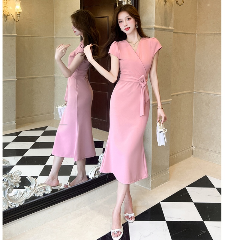 Fashion pinched waist long dress V-neck dress