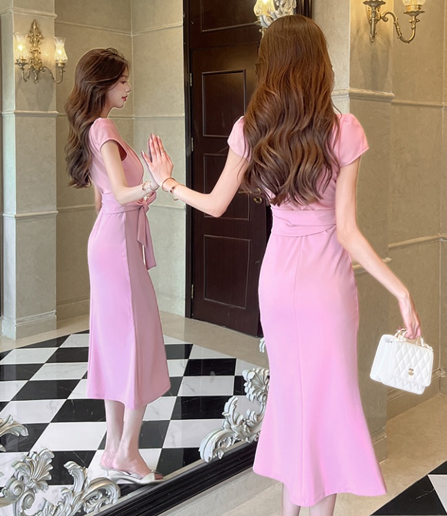 Fashion pinched waist long dress V-neck dress