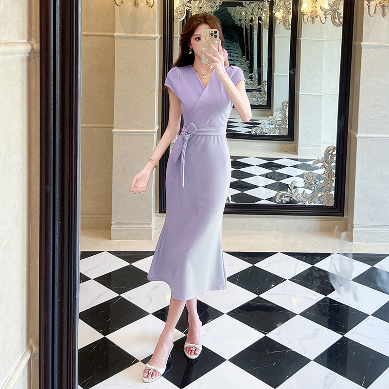 Fashion pinched waist long dress V-neck dress