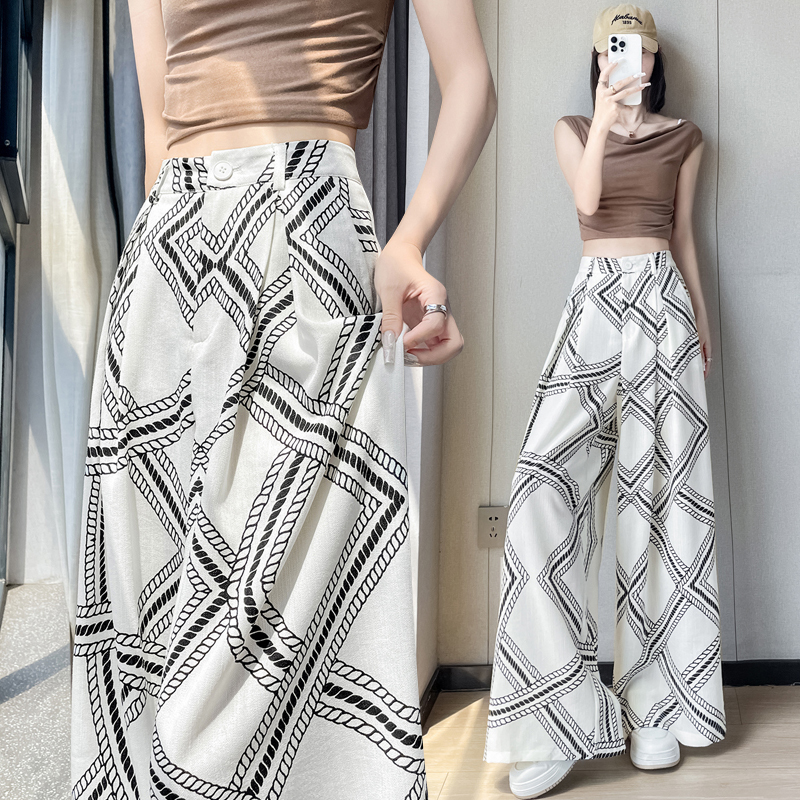 Flax ice silk high waist wide leg pants loose straight pants