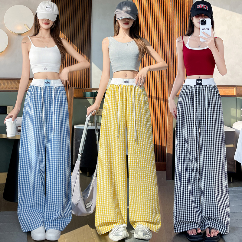 Ice silk Casual plaid pants slim wide leg pants for women