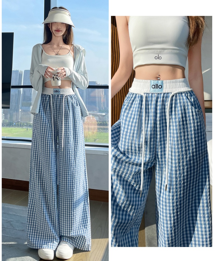 Ice silk Casual plaid pants slim wide leg pants for women