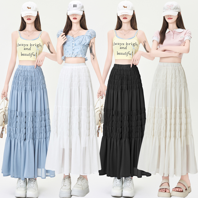 Slim fold elastic waist big skirt long skirt for women