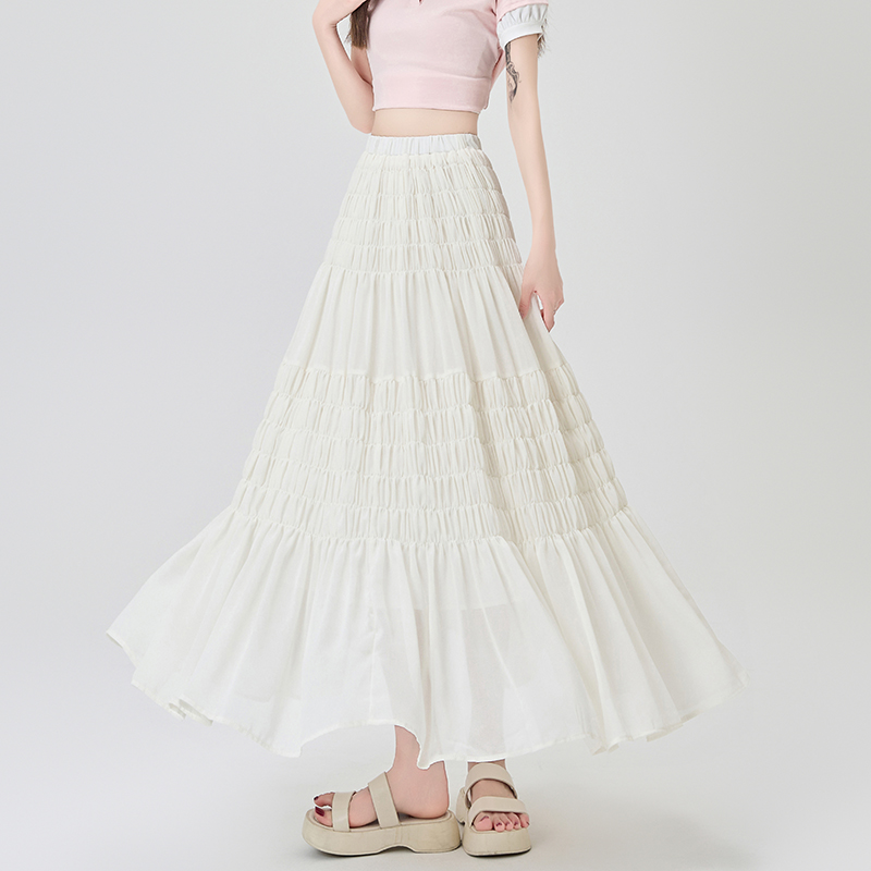 Slim fold elastic waist big skirt long skirt for women