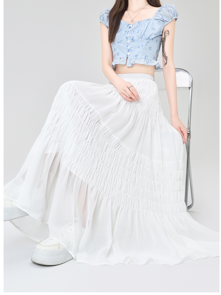 Slim fold elastic waist big skirt long skirt for women