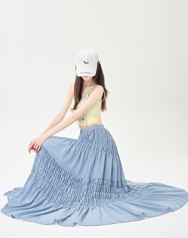 Slim fold elastic waist big skirt long skirt for women