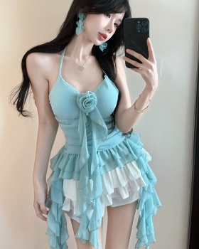 Flowers chiffon halter tops lotus leaf edges tops