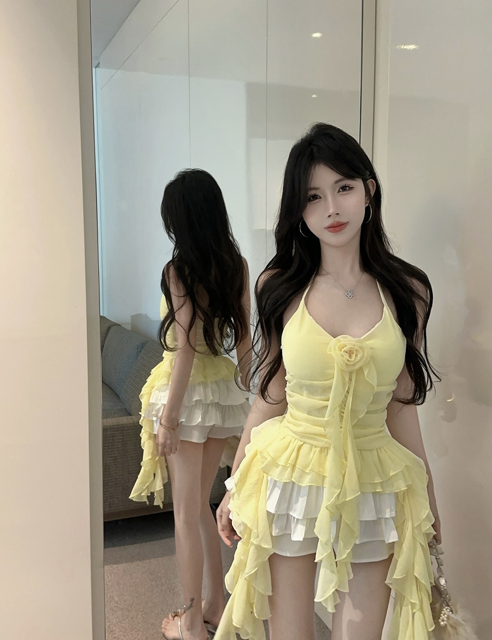 Flowers chiffon halter tops lotus leaf edges tops