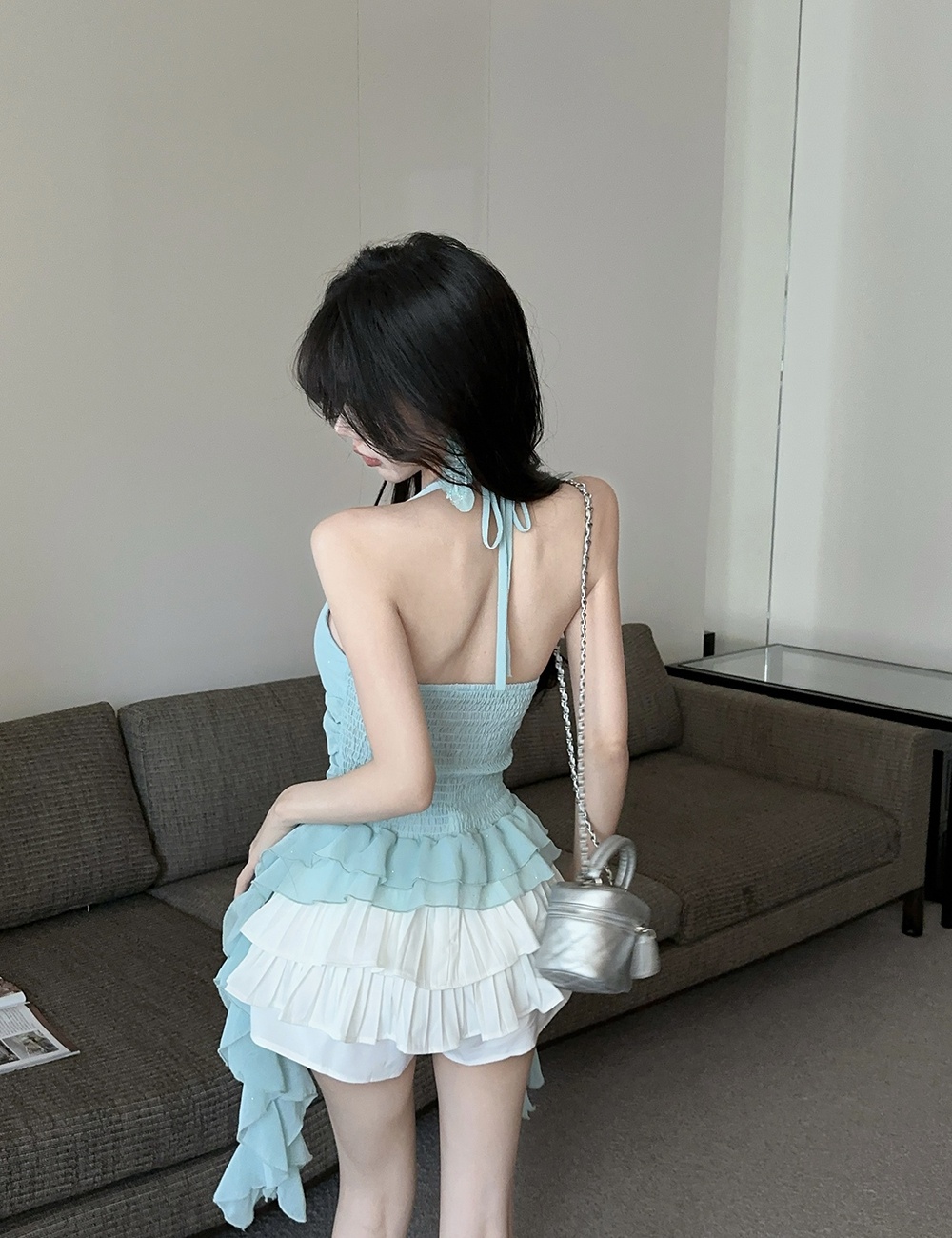 Flowers chiffon halter tops lotus leaf edges tops