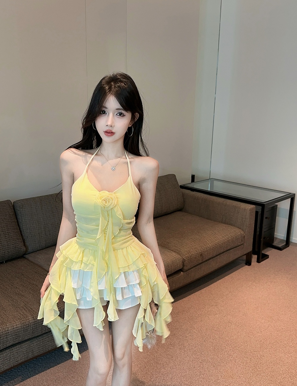 Flowers chiffon halter tops lotus leaf edges tops