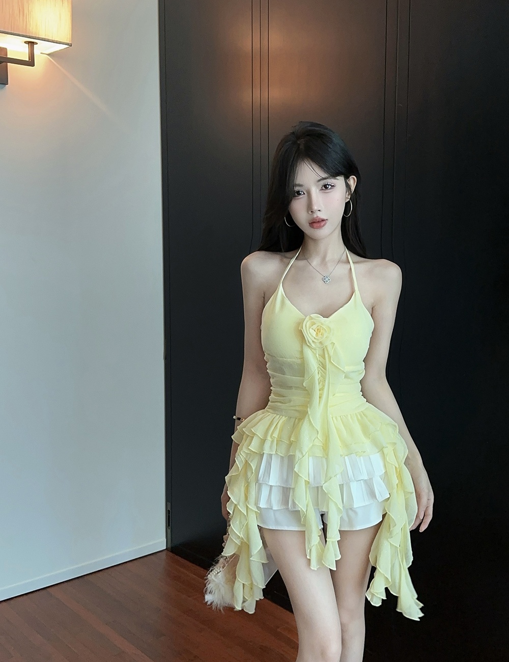 Flowers chiffon halter tops lotus leaf edges tops