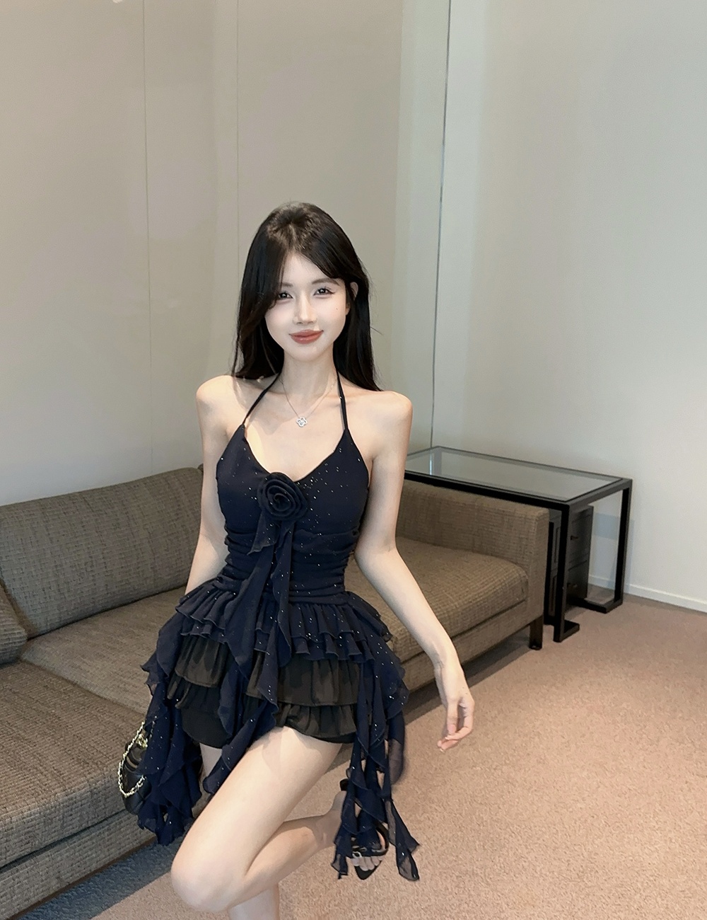 Flowers chiffon halter tops lotus leaf edges tops