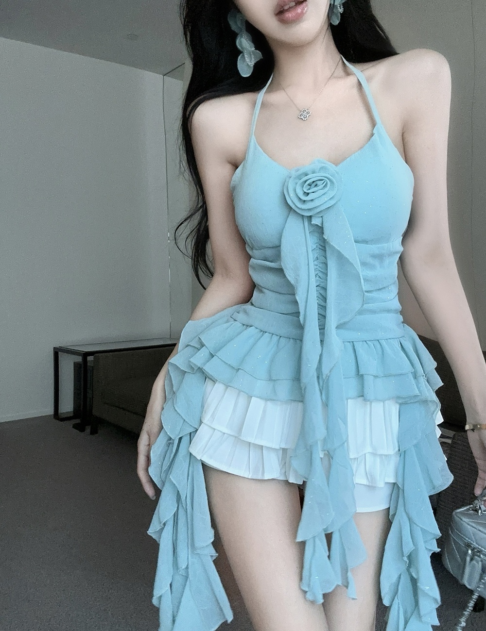 Flowers chiffon halter tops lotus leaf edges tops