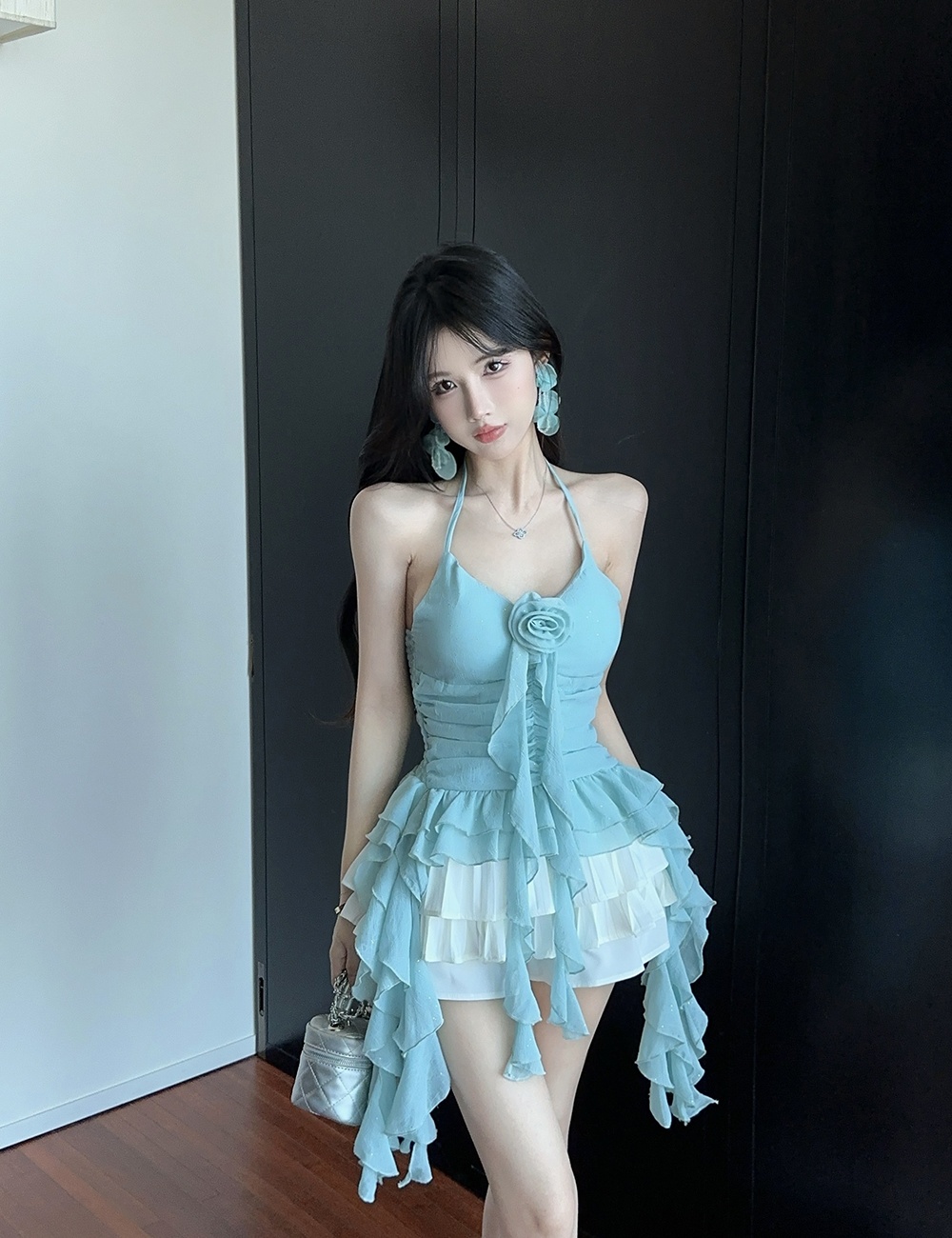 Flowers chiffon halter tops lotus leaf edges tops