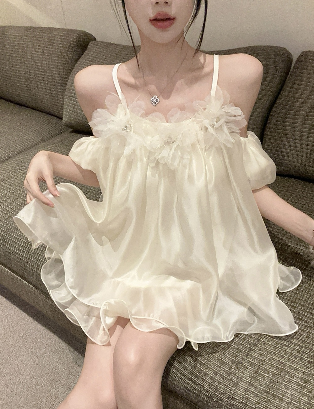 Sling puff sleeve dress flowers tops