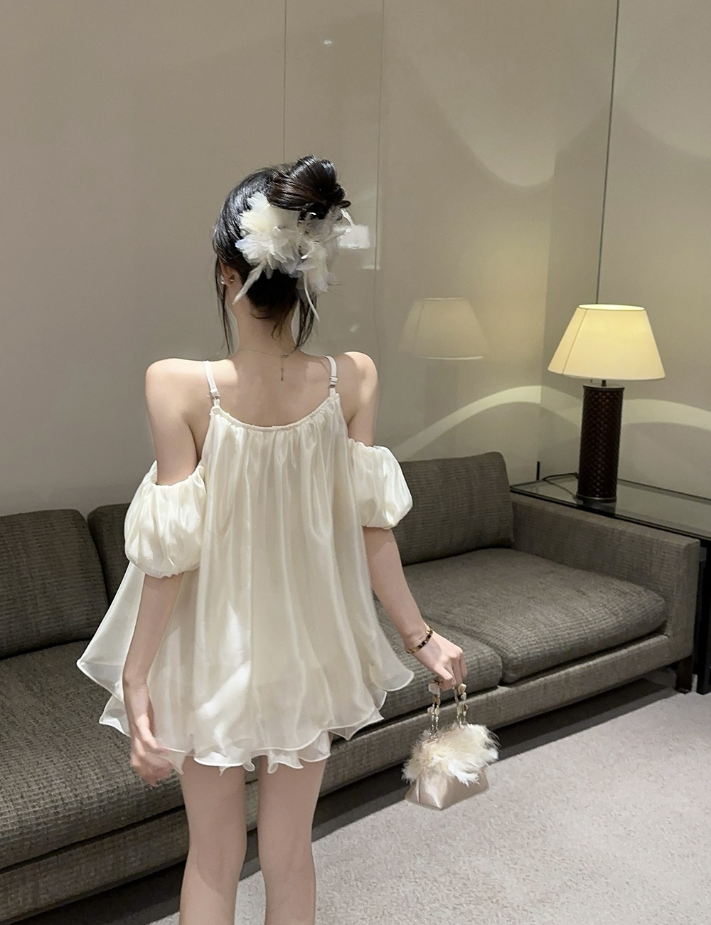 Sling puff sleeve dress flowers tops