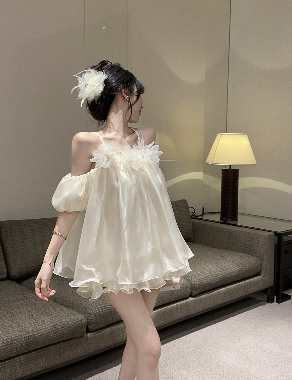 Sling puff sleeve dress flowers tops