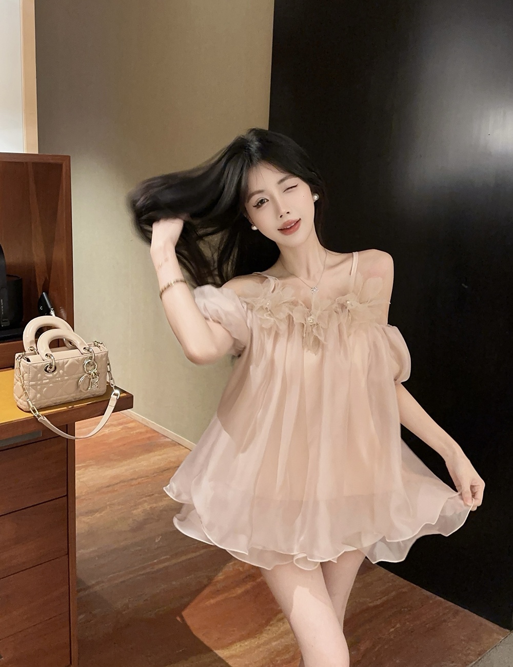 Sling puff sleeve dress flowers tops