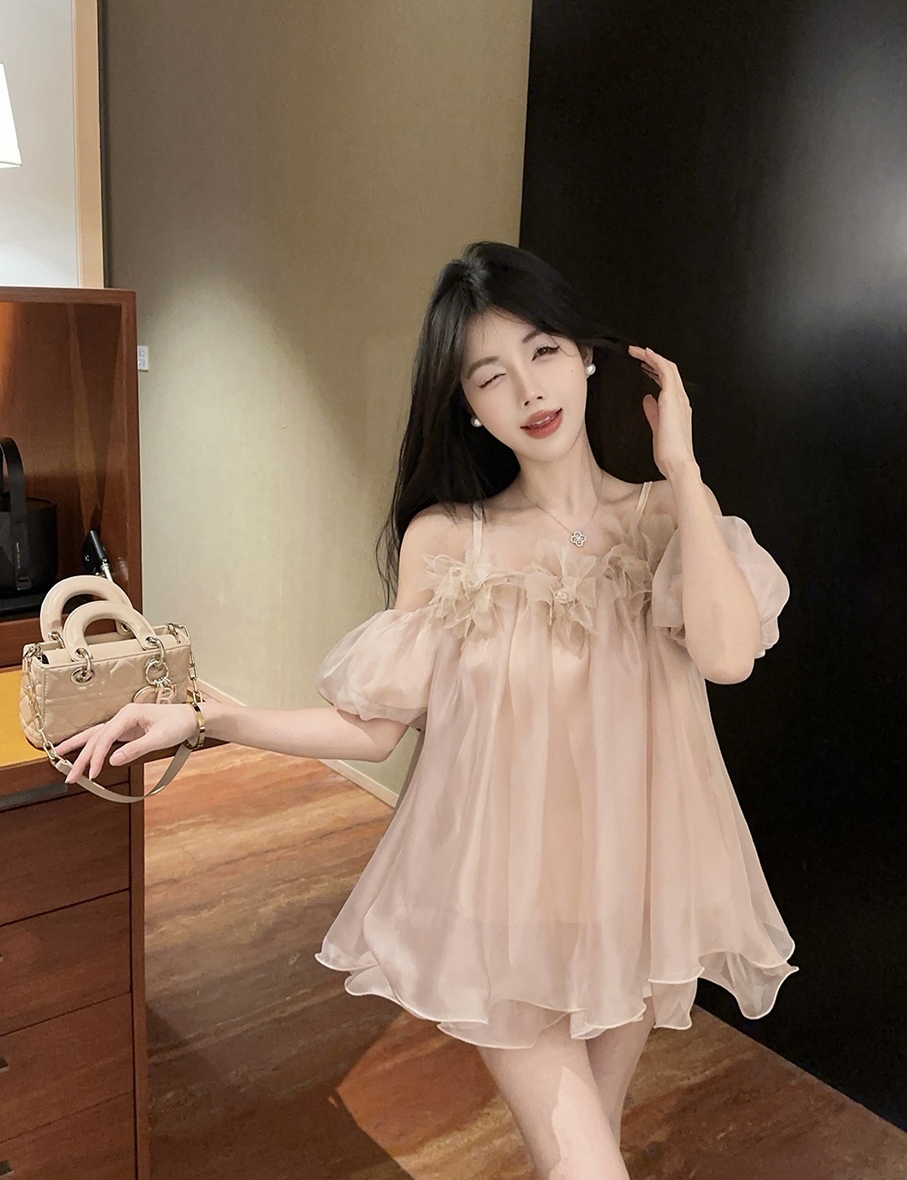 Sling puff sleeve dress flowers tops