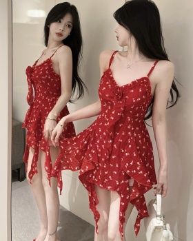 Irregular printing dress lotus leaf edges summer tops