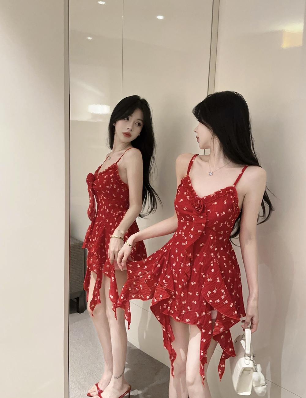 Irregular printing dress lotus leaf edges summer tops