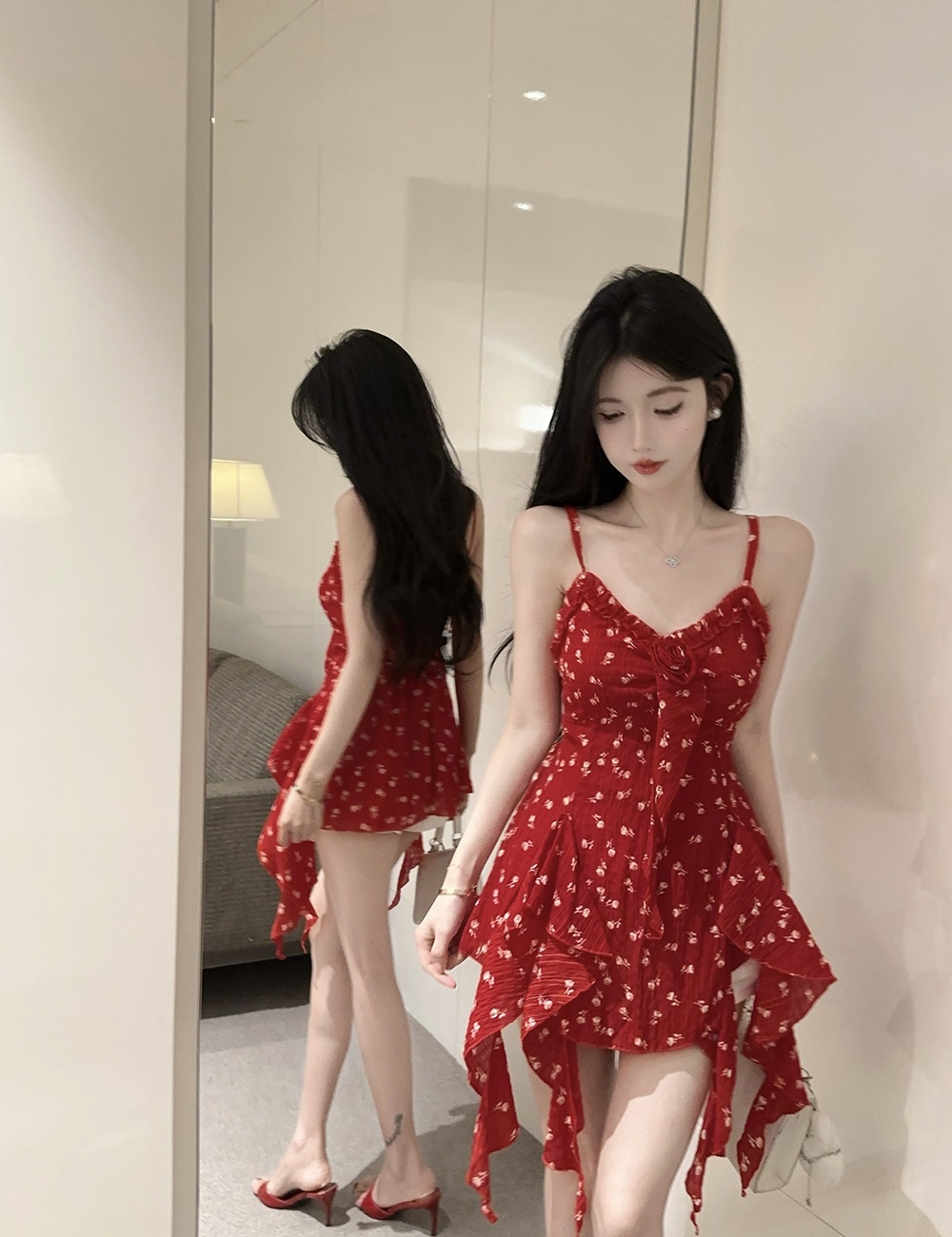 Irregular printing dress lotus leaf edges summer tops