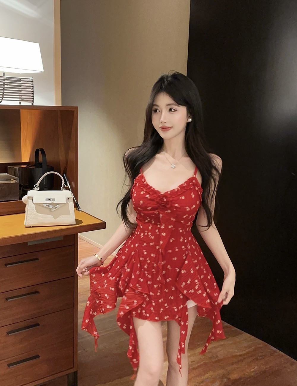 Irregular printing dress lotus leaf edges summer tops