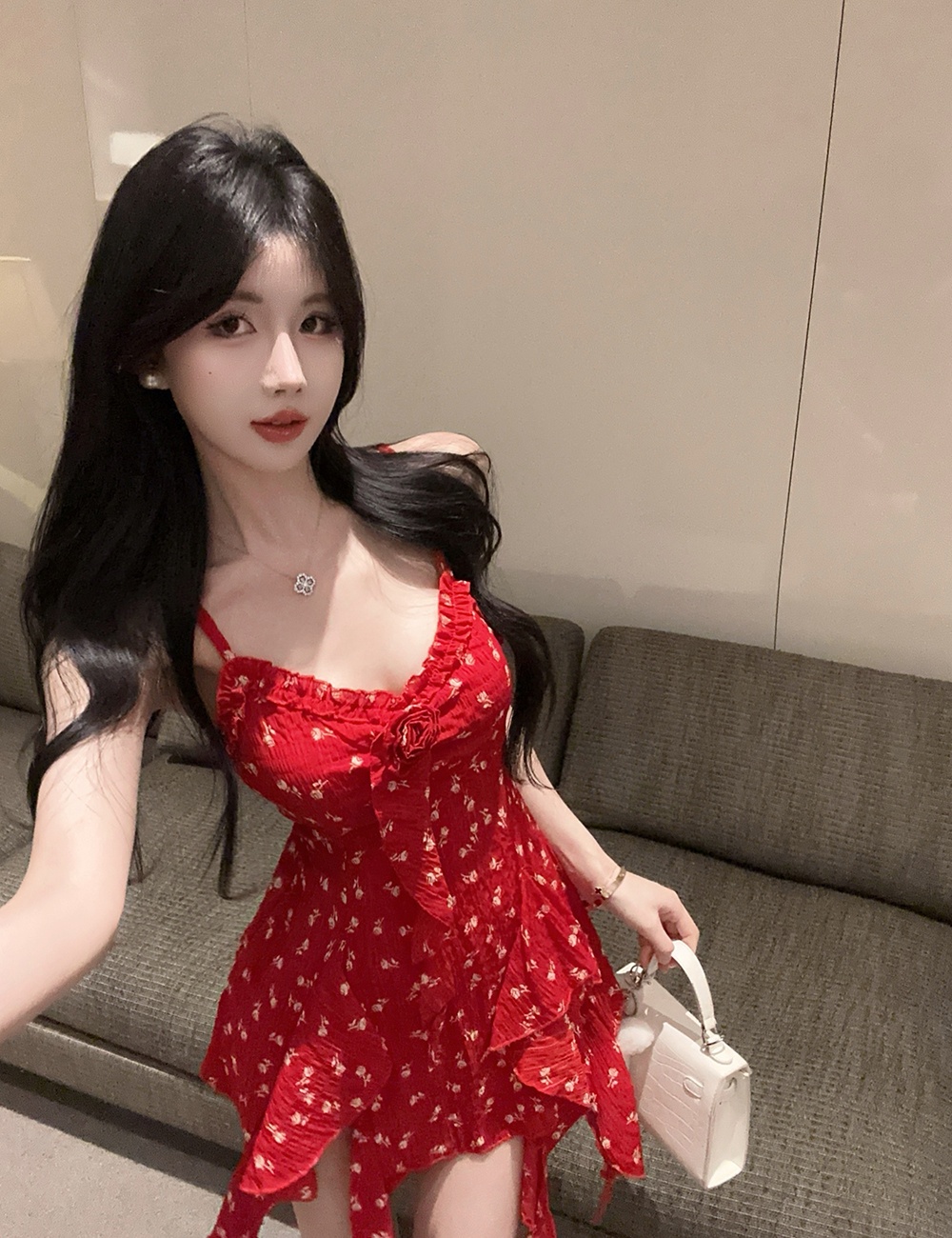 Irregular printing dress lotus leaf edges summer tops