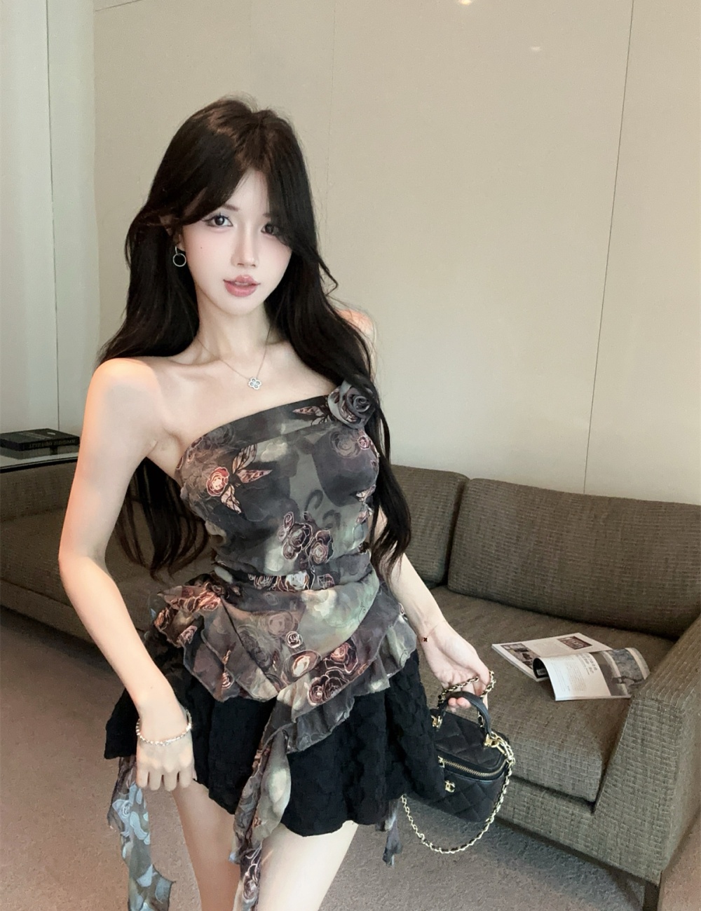 Flowers stereoscopic chiffon shirt summer tops for women