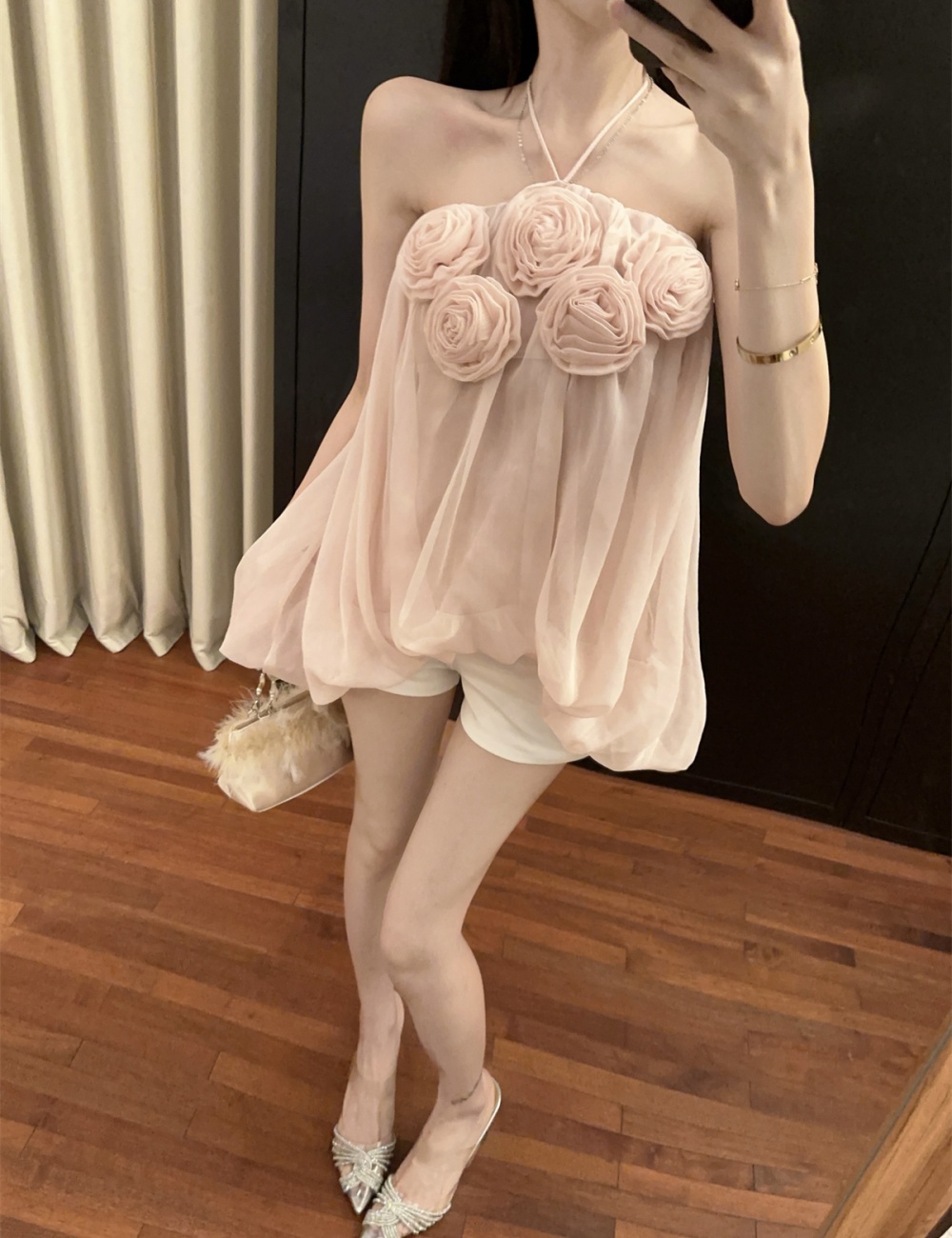 Stereoscopic flowers gauze halter enticement bud tops