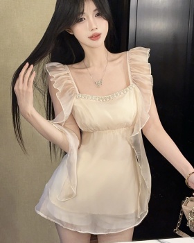 Chiffon pinched waist summer beading tops for women