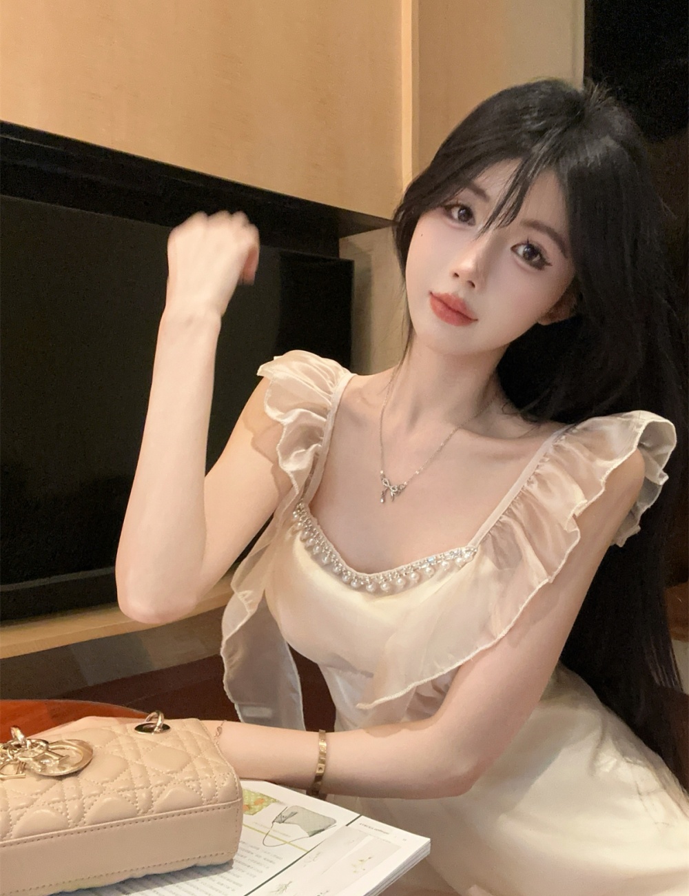 Chiffon pinched waist summer beading tops for women