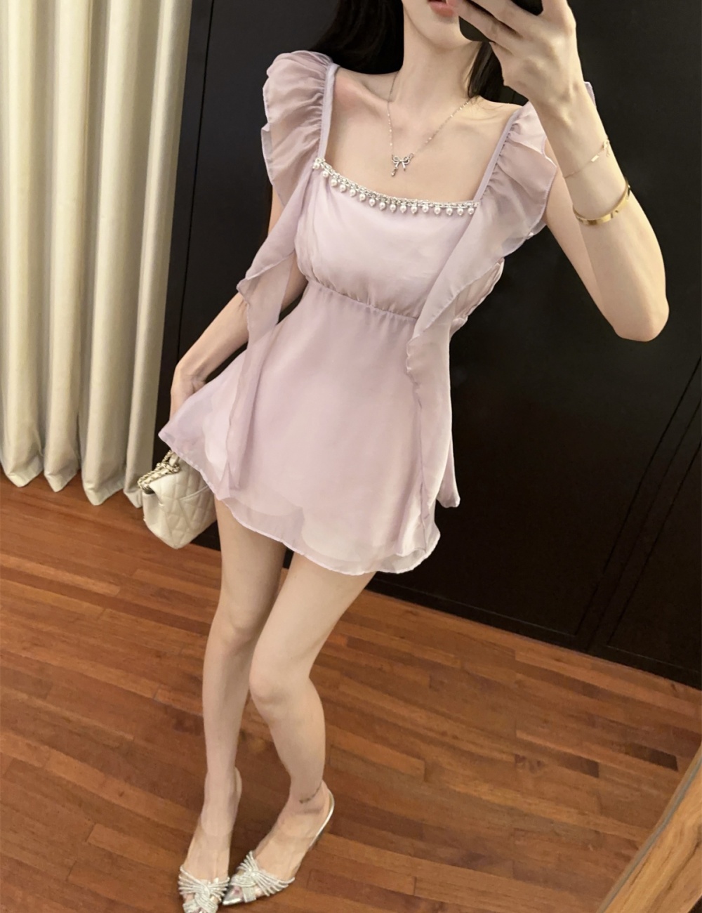 Chiffon pinched waist summer beading tops for women