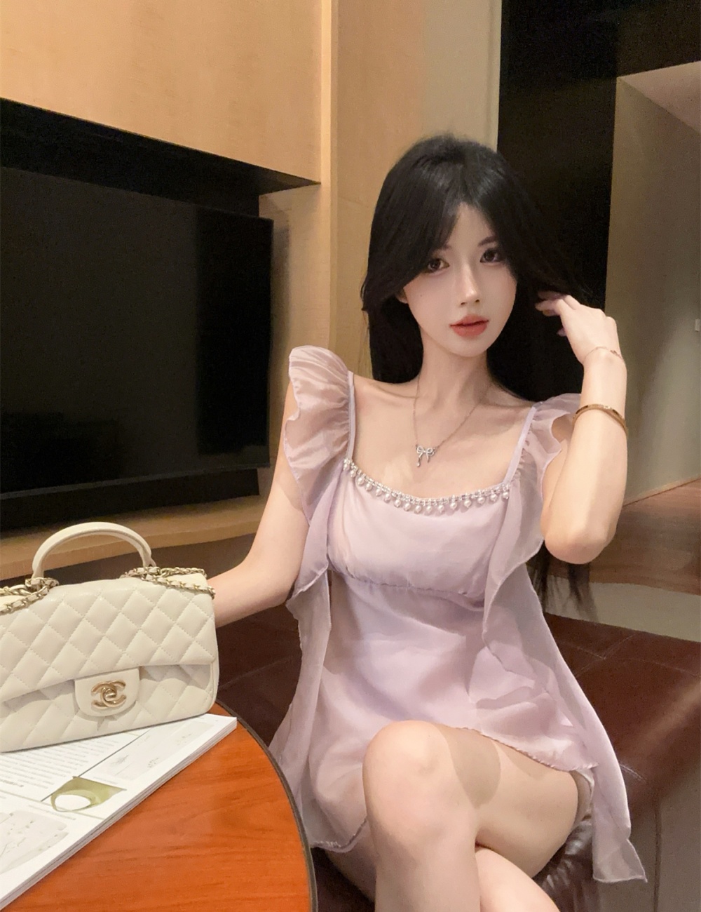 Chiffon pinched waist summer beading tops for women