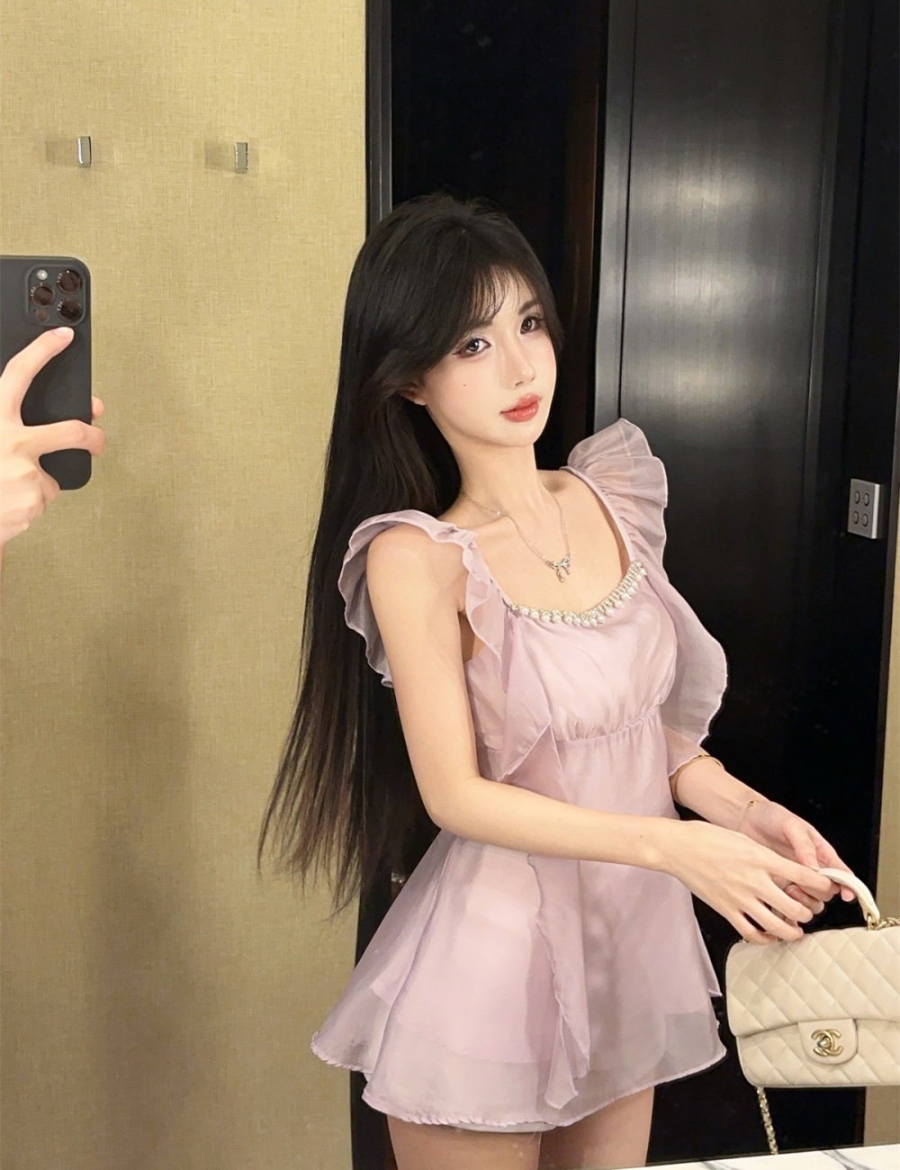 Chiffon pinched waist summer beading tops for women
