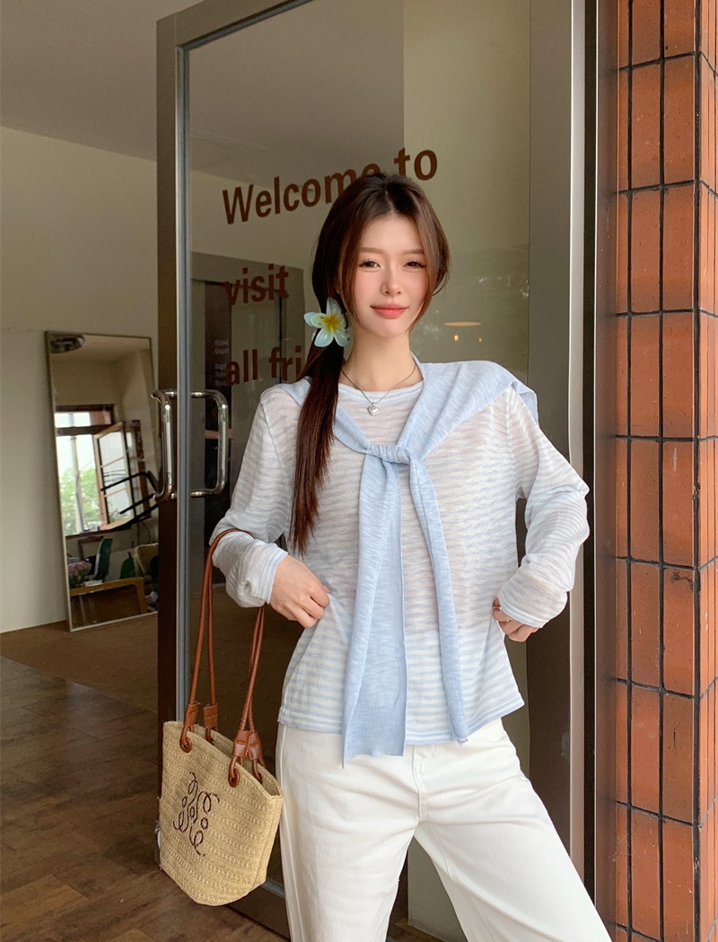 Stripe lazy loose shawl sunscreen summer thin tops 2pcs set