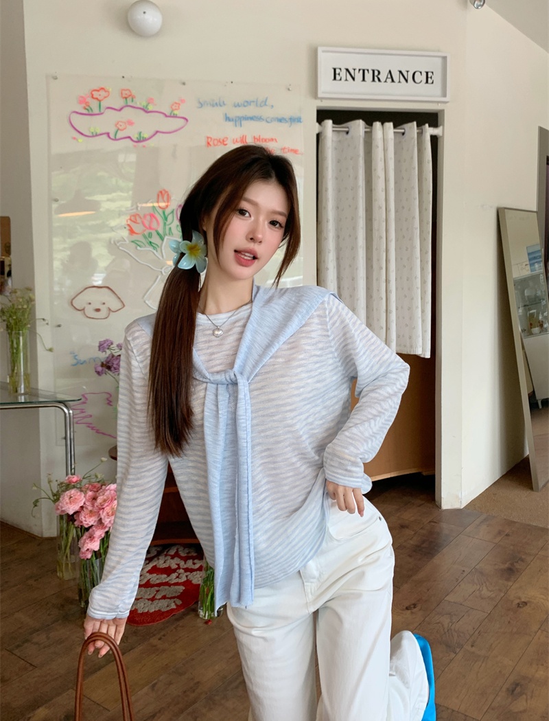 Stripe lazy loose shawl sunscreen summer thin tops 2pcs set