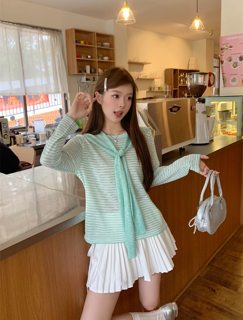 Stripe lazy loose shawl sunscreen summer thin tops 2pcs set